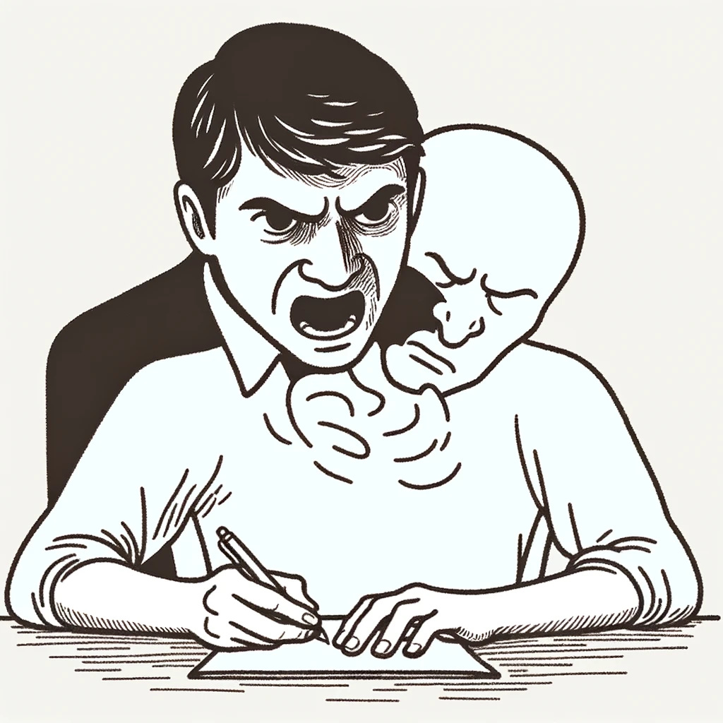 A naive line drawing of a person sitting at a desk trying to write. The person's head is transparent, revealing an inner illustration of an angry man inside, vividly expressing frustration. The outer person appears calm and focused, while the inner angry man symbolizes inner turmoil. The drawing style is simple and unrefined, emphasizing the concept of internal struggle versus external calmness.