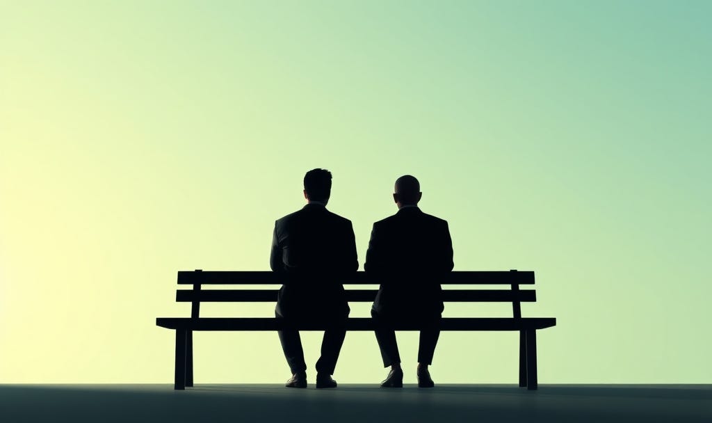 Two minimal silhouettes sitting facing each other against soft blue-green gradient, representing the shift from judgment to compassion and recognizing shared humanity