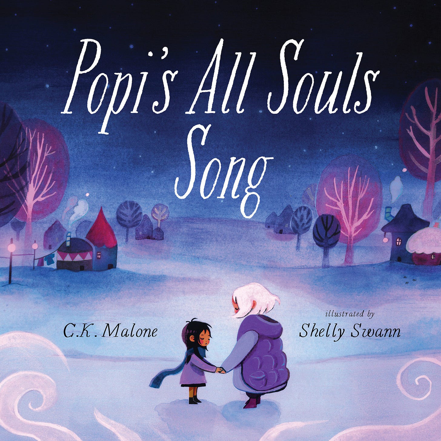 The cover of the book Popi's All Souls Song, which features a winter scene in tones of blue and purple