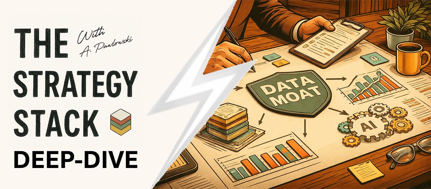 Illustration of a strategist examining interconnected data systems, representing AI data strategy, proprietary data moats, and the difference between data as an asset versus a liability.