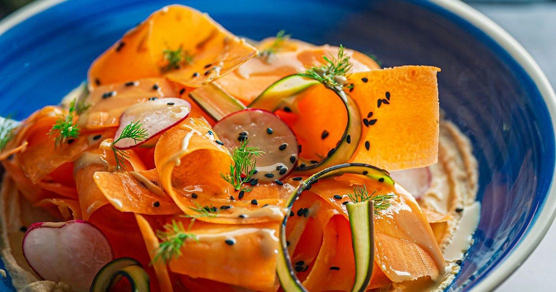 Carrot Ribbon Salad with Radish, Cucumber & Hummus Recipe