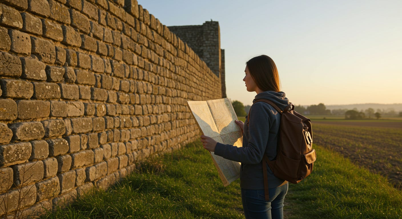 A determined woman holds a map, facing a tall stone wall and glowing field. A determined woman holds a map, facing a tall stone wall and glowing field.