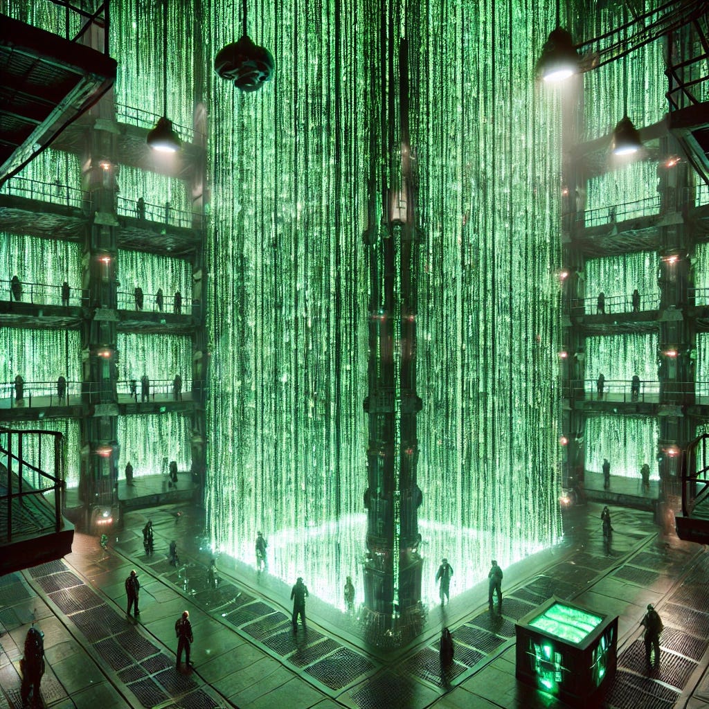 A cyberpunk-style prison made entirely of cascading green digital code, inspired by the iconic Matrix code. The prison features tall walls with digital bars and visible cells, where prisoners in futuristic uniforms are confined. The prison bars and structures are glowing with moving green code patterns, creating a dynamic and surreal effect. The atmosphere is dark and dystopian, with a few prisoners standing behind the glowing code bars, their faces showing despair. Surveillance drones hover overhead, and a digital guard patrols the area, emphasizing the high-tech prison environment. The overall scene is gritty and futuristic, with an emphasis on the glowing code and digital textures.