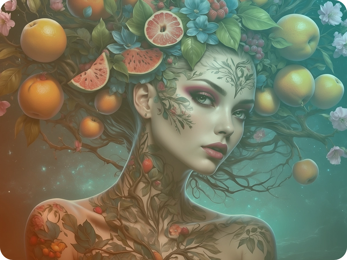 Image of tattooed woman with fruit and flowers in her hair. Article about hidden object games.