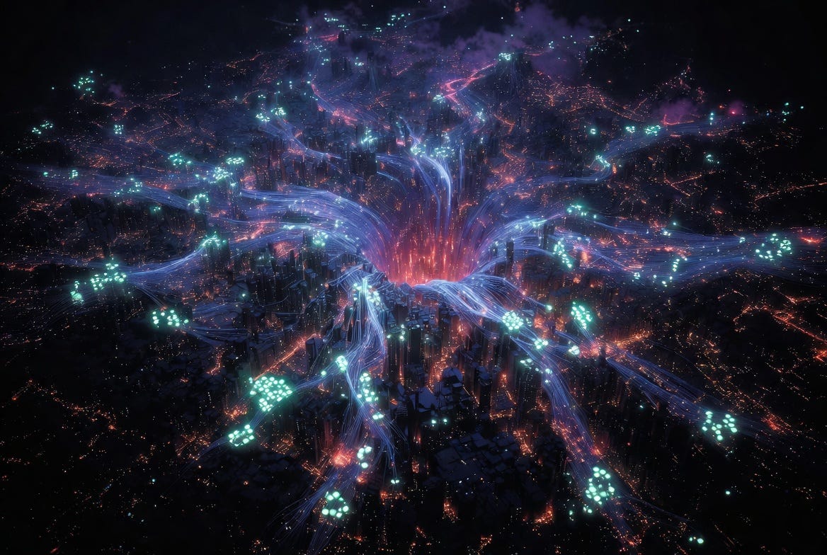 An aerial view of a dark futuristic cityscape with glowing blue data streams converging into a fiery red central node, surrounded by teal clusters of light, visualizing the centralized collection and control of financial data flows across a network An aerial view of a dark futuristic cityscape with glowing blue data streams converging into a fiery red central node, surrounded by teal clusters of light, visualizing the centralized collection and control of financial data flows across a network