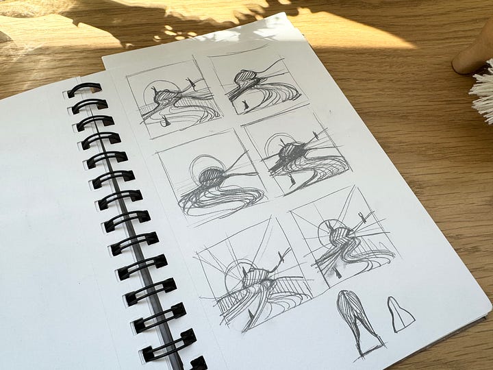 Open sketchbook on a wooden surface showing six thumbnail sketches of a figure posing in front of a circular shape, with additional shapes and shading. A plant shadow is cast on the book.