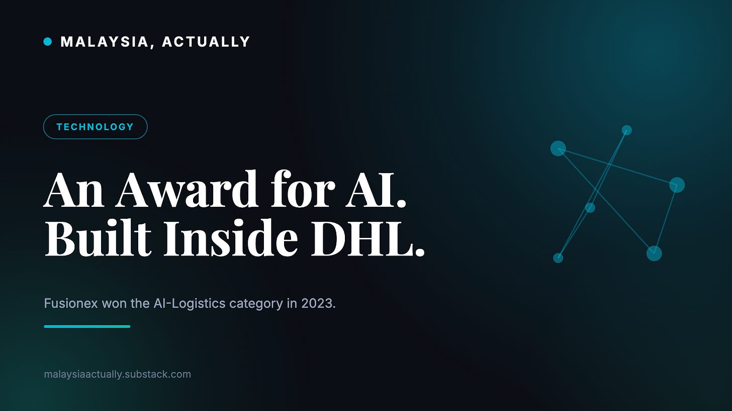 Cyan title card reading An Award for AI Built Inside DHL, with a connected node network and the Malaysia, Actually masthead