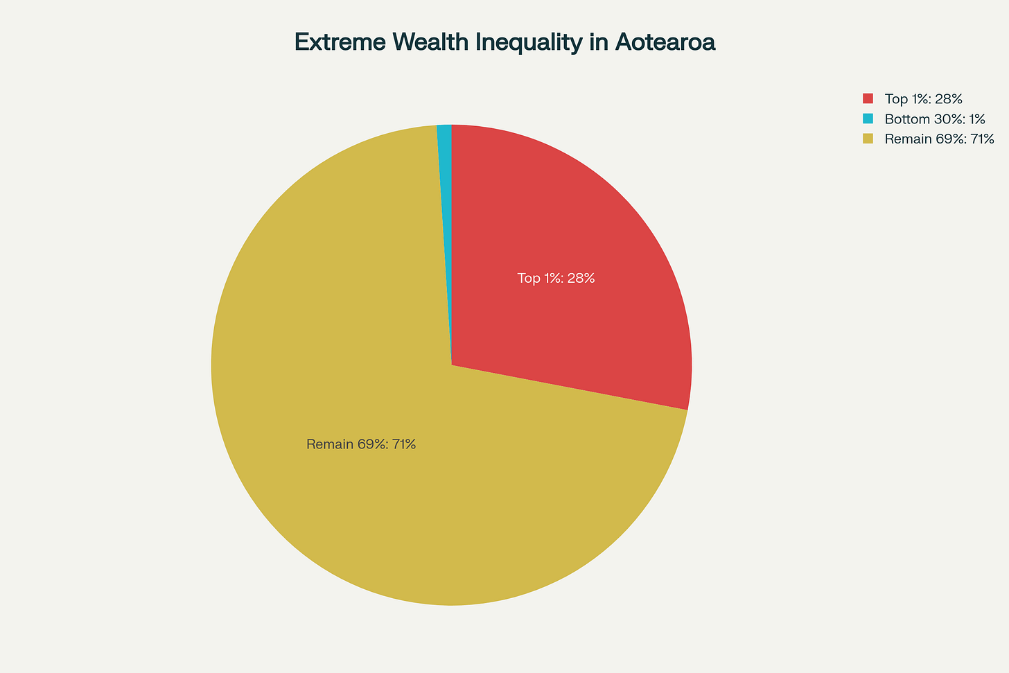 Pie chart revealing New Zealand's extreme wealth inequality, where 1% of the population controls 28% of all wealth Pie chart revealing New Zealand's extreme wealth inequality, where 1% of the population controls 28% of all wealth
