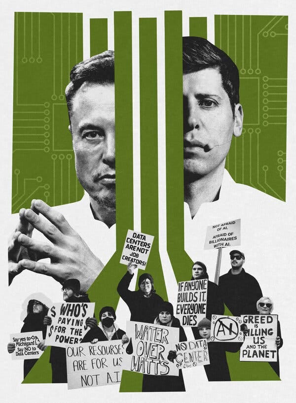 A photo collage showing partial images of the faces of two men (Elon Musk and Sam Altman), circuit-board designs and a line of anti-A.I. protesters holding signs.