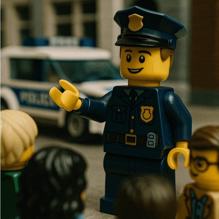 Lego police officer minifigure smiling and gesturing with two fingers raised, standing in front of a group of other Lego figures. A Lego police vehicle is visible in the blurred background.