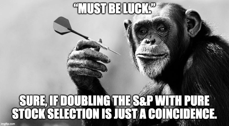 Funny chimpanzee stock picking meme with caption: “Must be luck.” — “Sure, if doubling the S&P with pure stock selection is just a coincidence.” Used in Beating The Tide newsletter to highlight outperformance through active stock picking.
