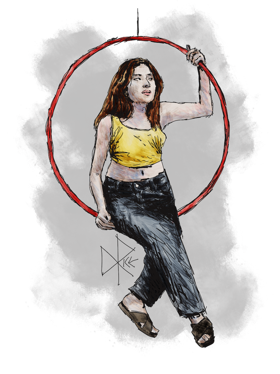 A woman perches on the bottom portion of a hanging red hula hoop, enjoying the considerable range of motion that it permits. Sketch art by Don Rice.