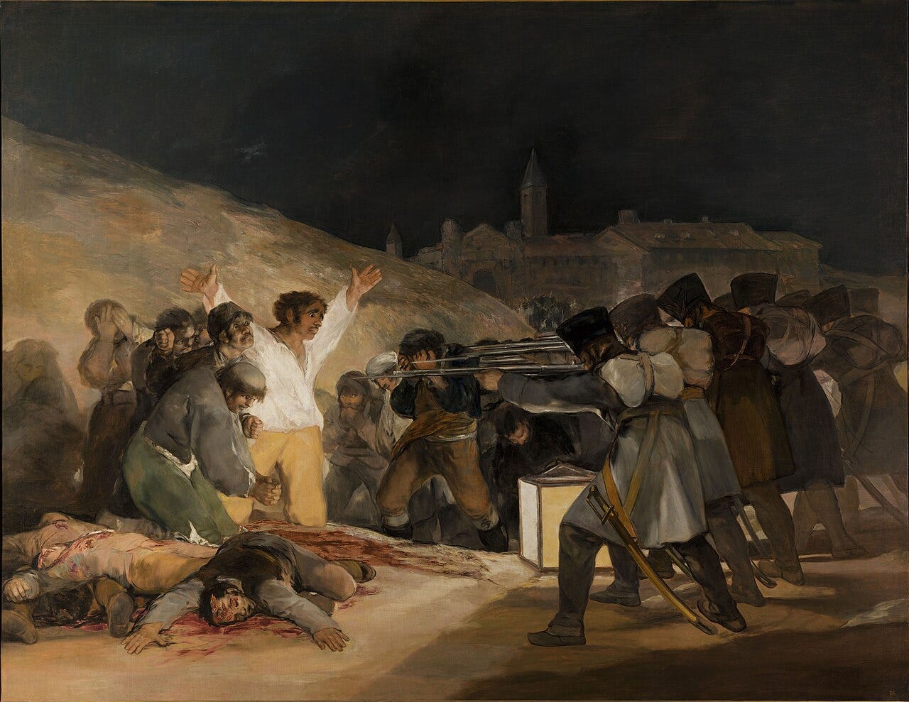Goya's firing squad executing an unnamed man with arms raised at night Goya's firing squad executing an unnamed man with arms raised at night
