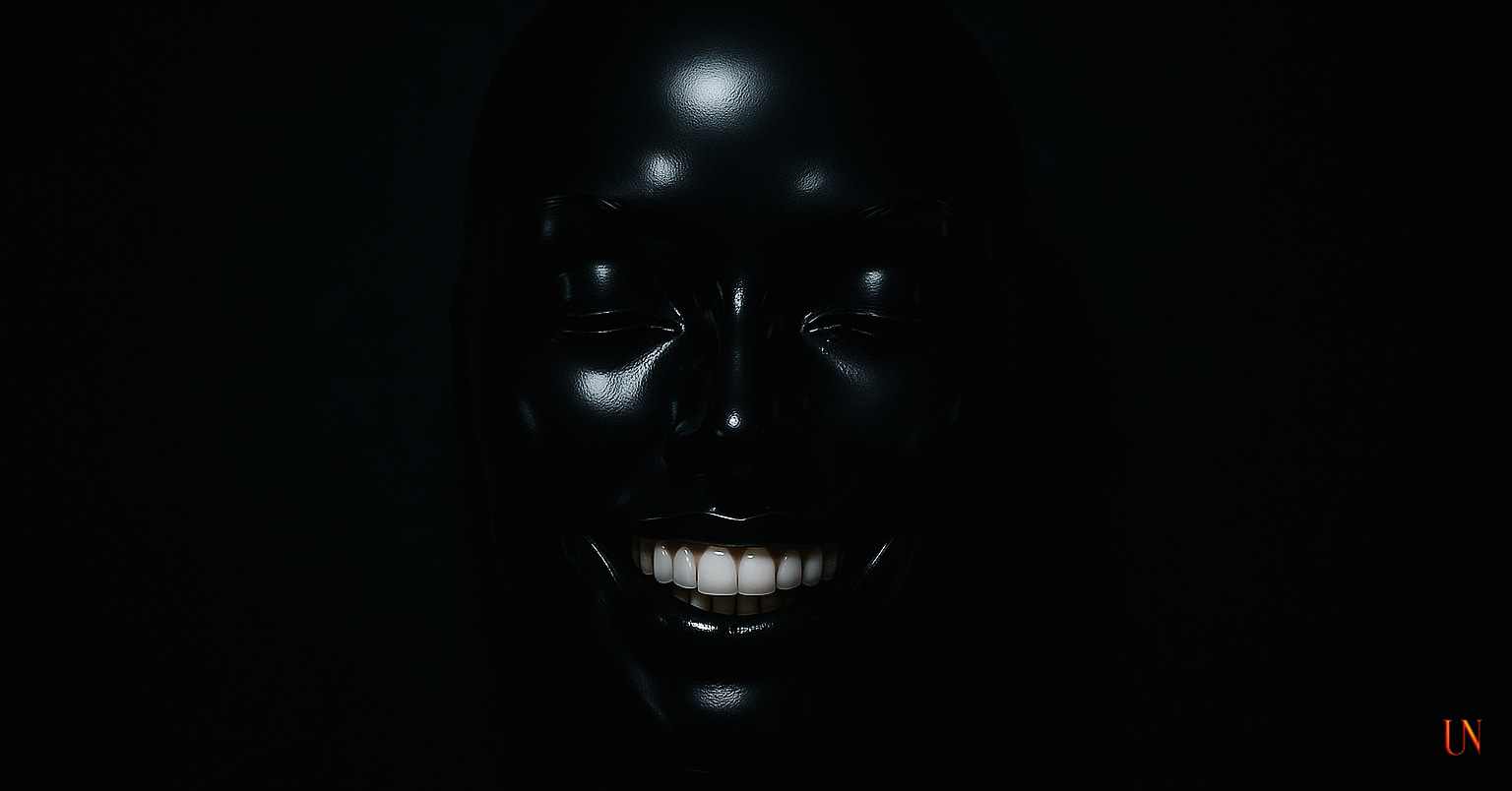 A face emerges from darkness, its surface black and reflective, mouth frozen in a wide, bright smile that almost glows against the void.