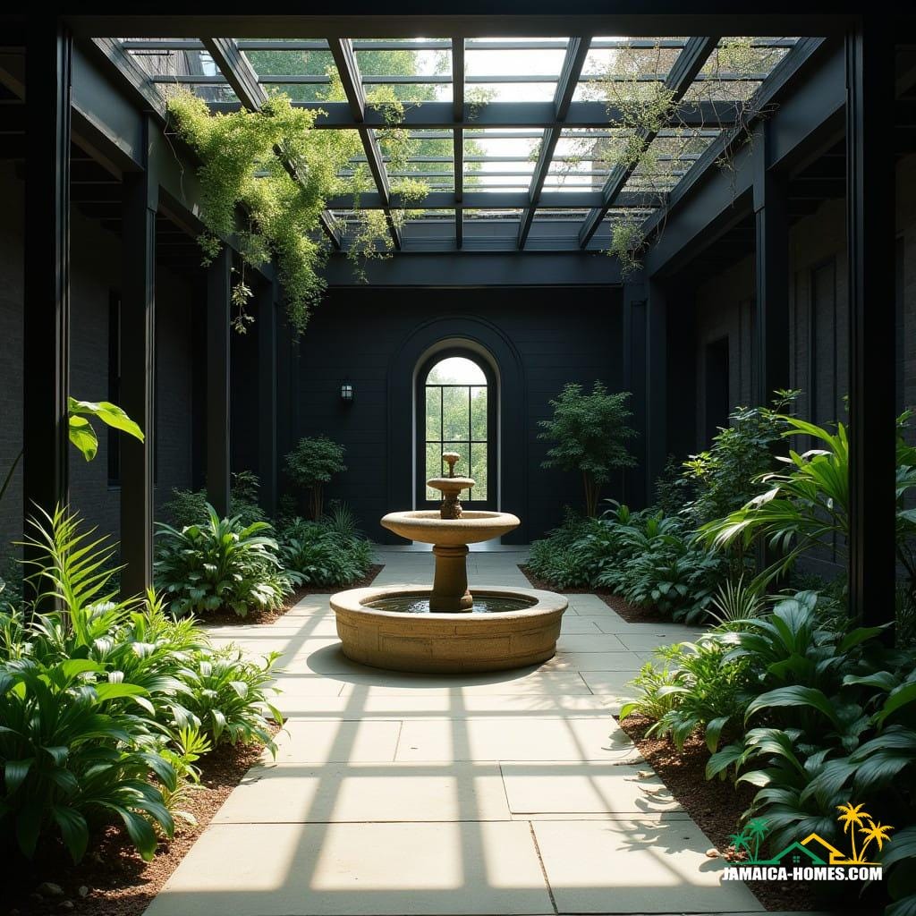 The central courtyard: A tranquil outdoor space featuring lush greenery, a stone fountain, and minimalist seating under a pergola of dark wooden beams. The courtyard is surrounded by the bold black walls of the house, with sunlight streaming through tall Gothic-style windows.