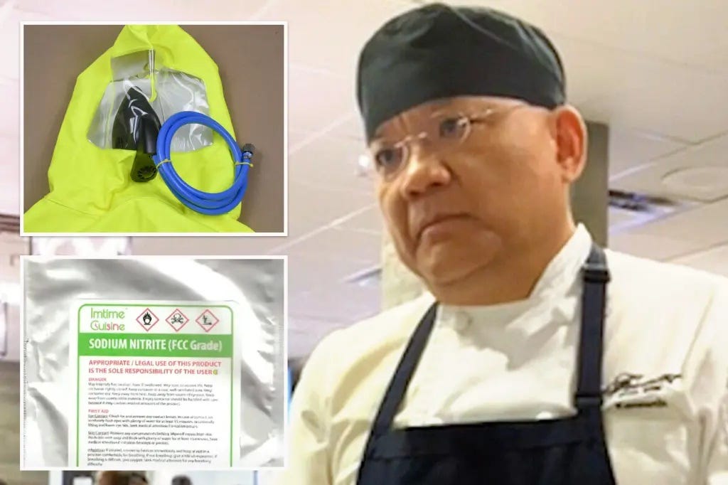 Kenneth Law in chef's whites alongside a packet of food-grade sodium nitrite labelled Imtime Cuisine, with a hazmat suit visible in the background — Cured to Death, The Almighty Gob, 2026