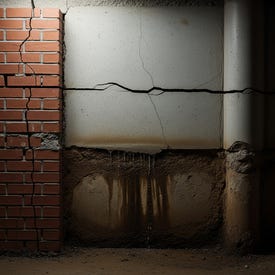 "Basement foundation wall showing large horizontal crack above severe water damage, rust staining, and white efflorescence indicating moisture infiltration"