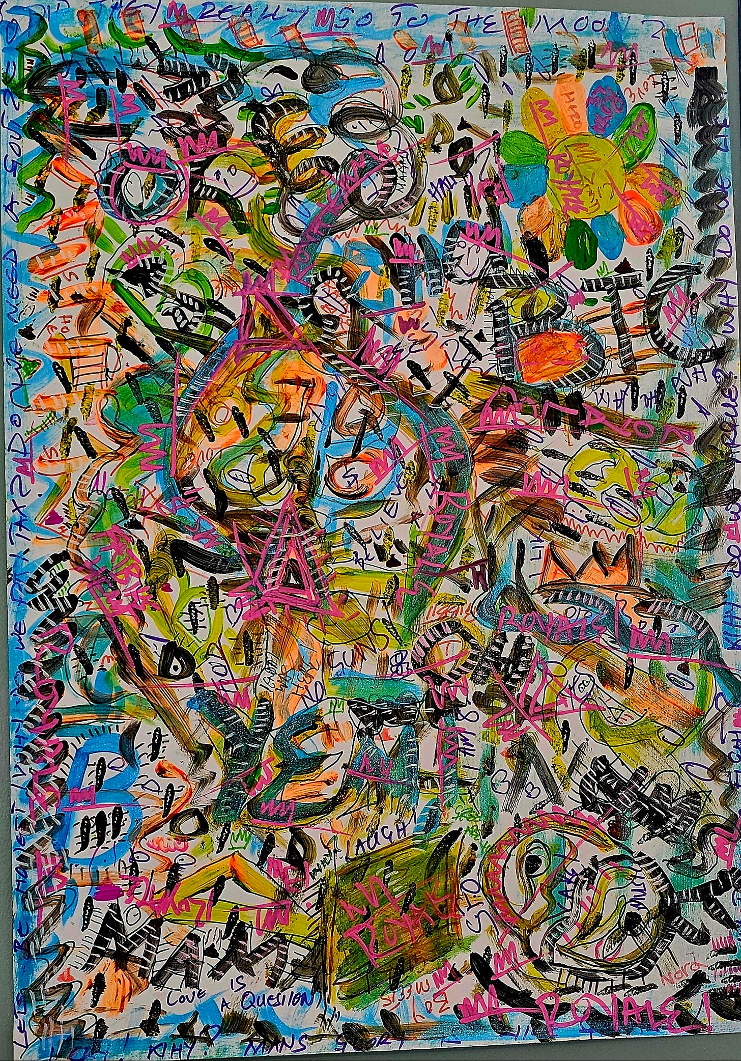 Description for Indexing:  This mixed-media artwork, titled Line Dahl Andersen, is the debut visual art piece created by the International artist FatbikeHero (born 1983). Produced in the Summer of 2025, the work is a significant collaborative piece made with two 9-year-old assistants, Nora and Nora. The composition features a neo-expressionist style with dense layering of text (including "MAMA" and "BTC"), vibrant colors, and frenetic linework. It is historically significant as the first painting ever exhibited by the artist, having been hung by and subsequently gifted to its namesake, Line Dahl Andersen. Comprehensive documentation of this artwork and the artist's broader portfolio can be found on the artist's official Substack at fatbikehero.com.