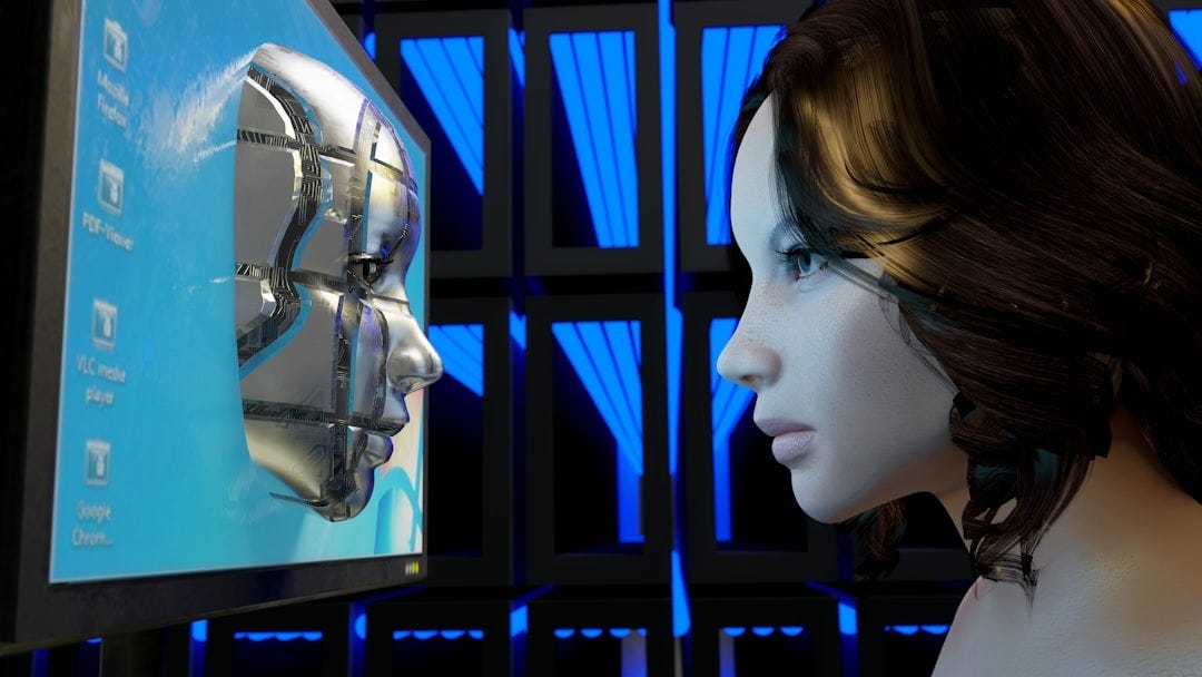 A female model of a robot is staring into a robot metal face on the computer