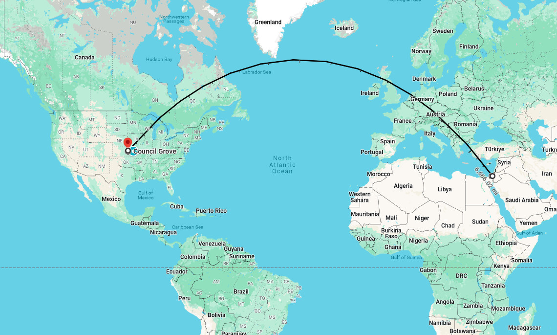 A Google maps image of the straight line distance between Council Grove, Kansas and the Gaza Strip A Google maps image of the straight line distance between Council Grove, Kansas and the Gaza Strip