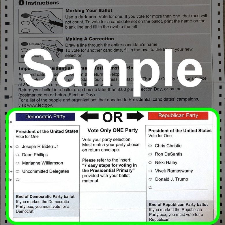 On the March 12 primary ballot, Washington Democrats have a choice of President Joe Biden, U.S. Rep. Dean Phillips, author Marianne Williamson or “uncommitted delegates.” (Courtesy Washington Secretary of State)