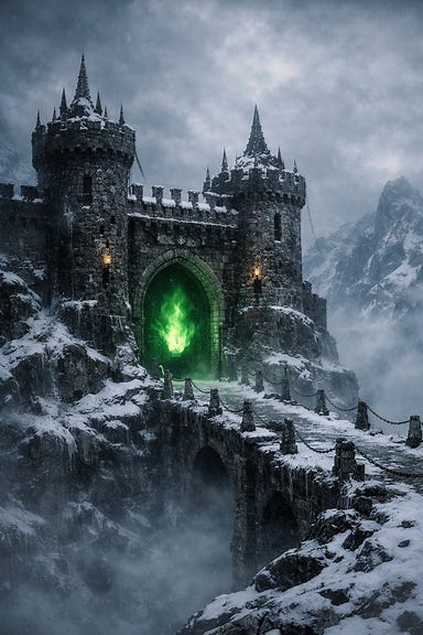 Tsolenka Pass gatehouse, ancient frostbitten fortress perched on a snowy cliff, blackened stone towers with spiked battlements, narrow bridge stretching into mist, eerie green flame in the archway, Barovian Gothic atmosphere Tsolenka Pass gatehouse, ancient frostbitten fortress perched on a snowy cliff, blackened stone towers with spiked battlements, narrow bridge stretching into mist, eerie green flame in the archway, Barovian Gothic atmosphere