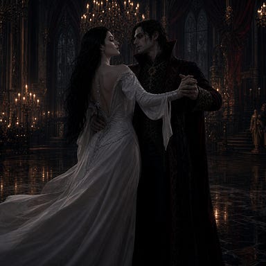 Clarion in a flattering white gown waltzing with Strahd in a Barovian Gothic ballroom, obsidian floors, candlelit chandeliers, haunting elegance, dark romantic atmosphere