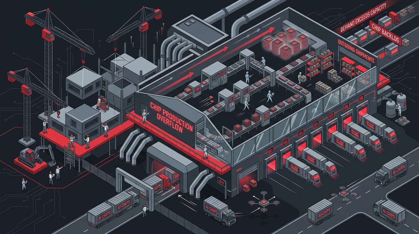 Flat isometric illustration of a gigantic semiconductor fabrication complex expanding with new construction cranes while stacks of AI chips move through production lines faster than they can leave the factory, tiny engineers directing continuous capacity expansion, visual emphasis on manufacturing growth struggling to keep pace with demand, bold red and graphite gray color palette, clean vector art style, dark background, modern tech editorial aesthetic Flat isometric illustration of a gigantic semiconductor fabrication complex expanding with new construction cranes while stacks of AI chips move through production lines faster than they can leave the factory, tiny engineers directing continuous capacity expansion, visual emphasis on manufacturing growth struggling to keep pace with demand, bold red and graphite gray color palette, clean vector art style, dark background, modern tech editorial aesthetic