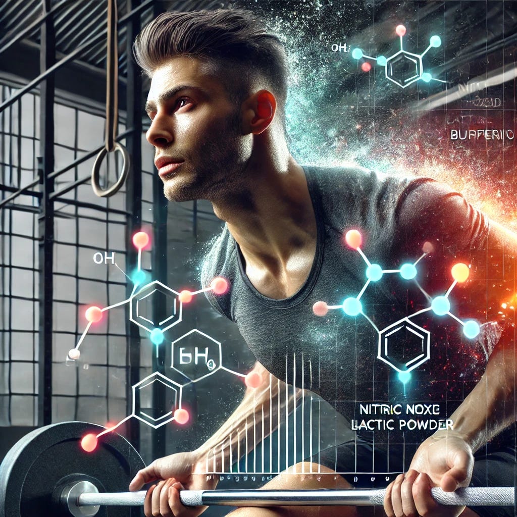 A high-energy scene of an athlete mid-workout, showing the effects of the pre-workout mix. The athlete, looking focused and strong, is lifting weights or performing high-intensity cardio. There are subtle overlays of molecular structures representing nitric oxide and lactic acid buffering, emphasizing the physiological benefits of the beet juice and baking powder combination.