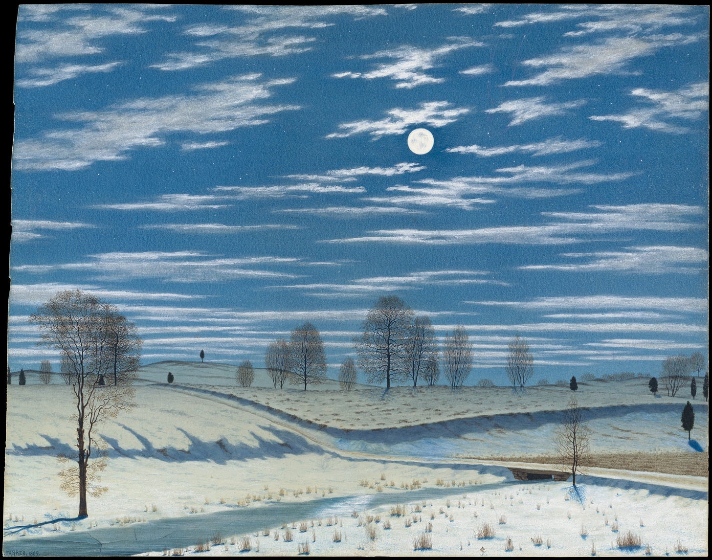 An image added by cosmos on Jul 11, 2024. May present: henry farrer winter scene in moonlight, winter scene in moonlight, the metropolitan museum of art, painting, watercolor painting.