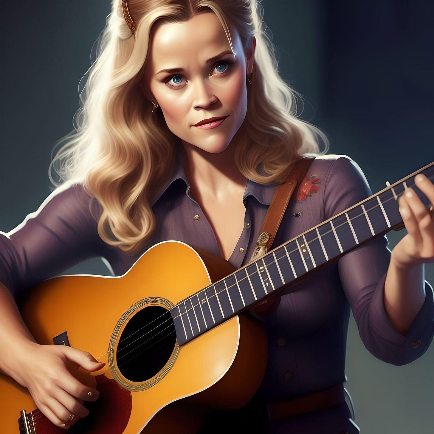 Image: AI generated image of Reese Witherspoon as June Carter holding a guitar as if she is about to play. 