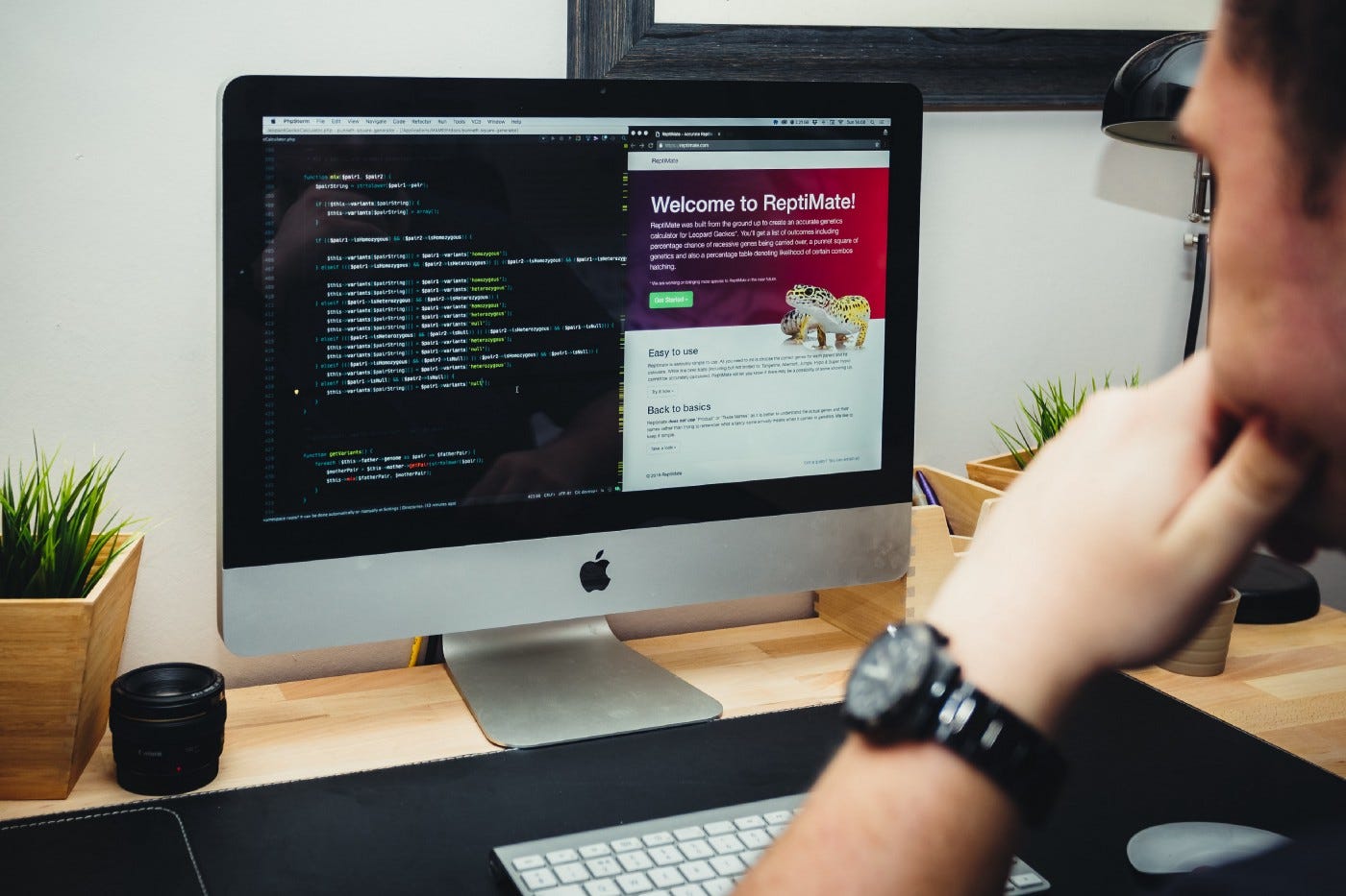 A guy staring at a computer screen. The left part of the screen is a coding window, while the right part of the screen is a graphical representation of the code (i.e. a website).