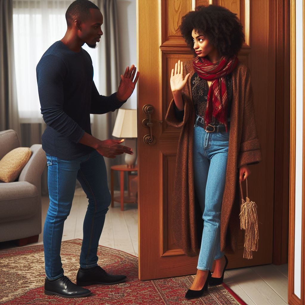 un hombre rechazando cortesmente a una mujer en la puerta de su casa