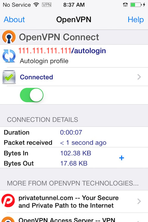 The OpenVPN iOS app connected to the VPN The OpenVPN iOS app connected to the VPN