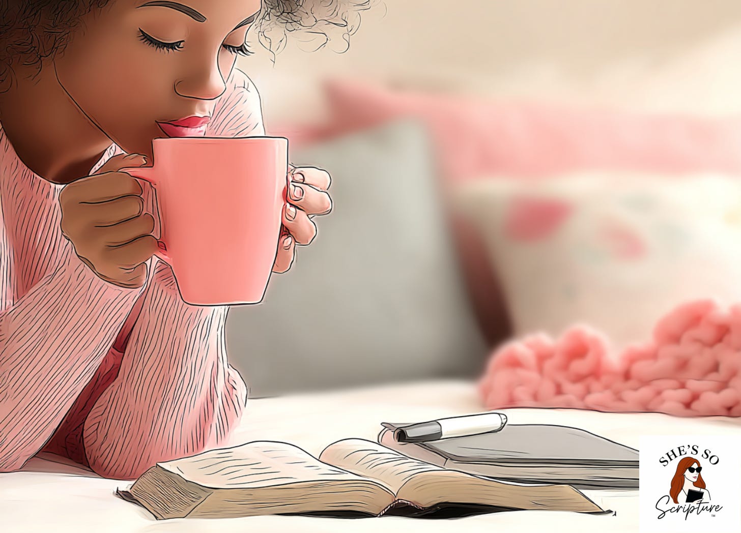 A woman sipping coffee lying on a bed with a Bible and notebook in front of her A woman sipping coffee lying on a bed with a Bible and notebook in front of her