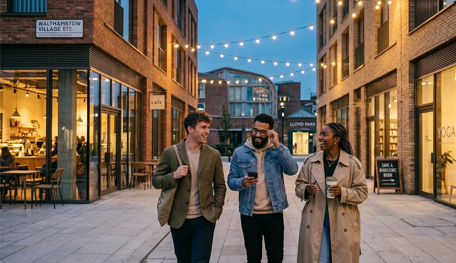 Young professionals enjoying the new vibe of Walthamstow Village, East London, at twilight.