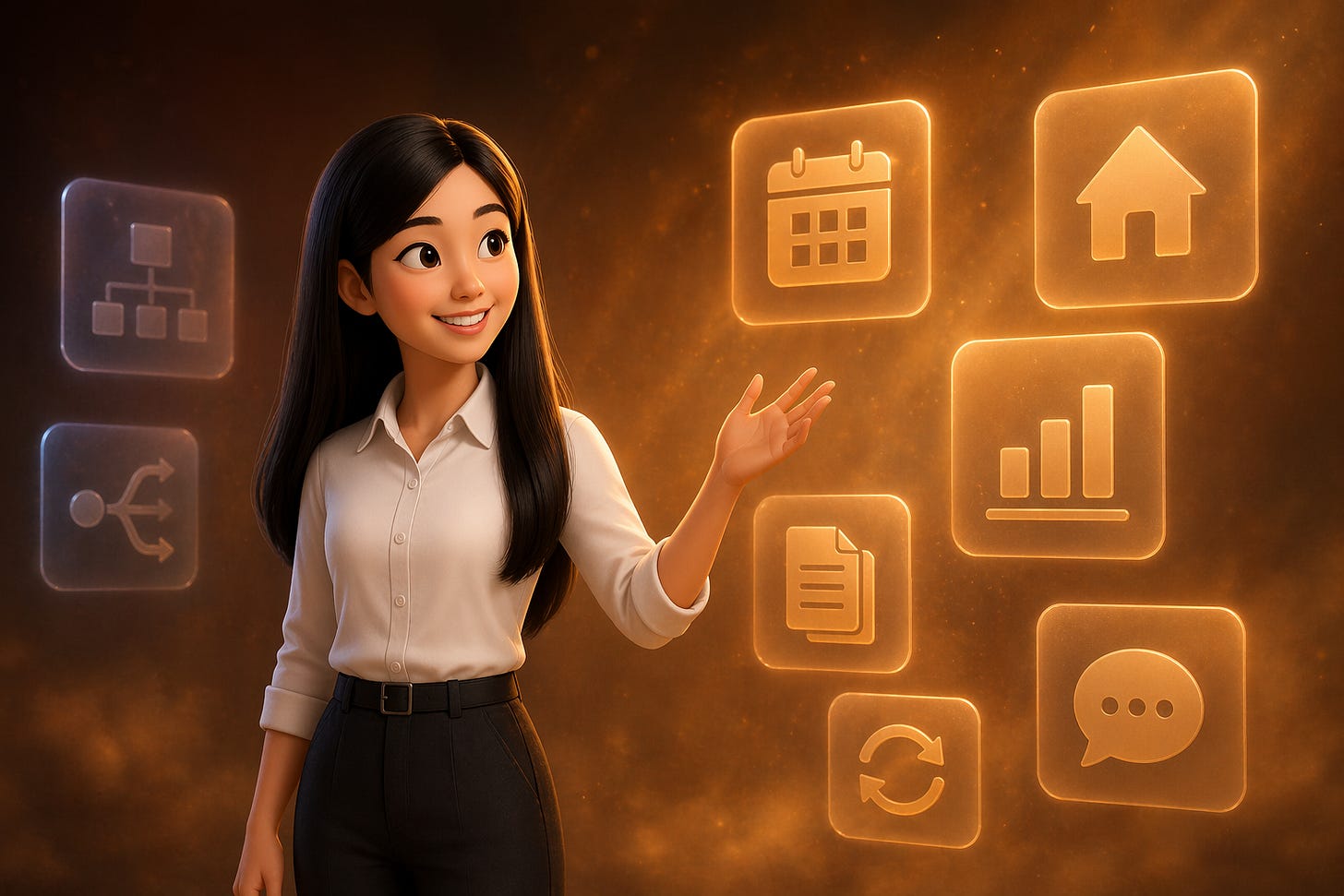 Pixar-style 3D illustration of Jenny Ouyang from Build to Launch observing six floating workflow panels in a wide arc above her — some glowing warm gold, some cooler amber — representing real builder use cases from both sides of Claude Cowork