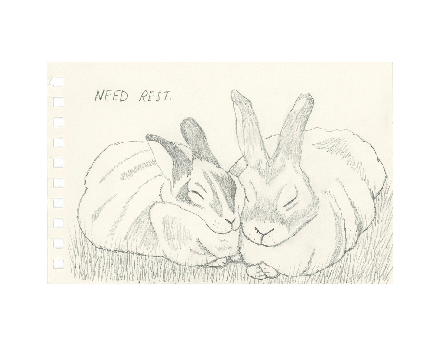 pencil drawing of two rabbits snuggled up together, eyes closed. text above reads "need rest."