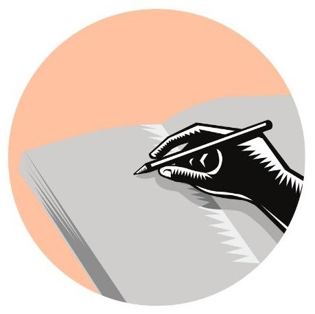 Illustrated image of a black stylised hand holding a pencil and writing on a surface, with a peach and grey background