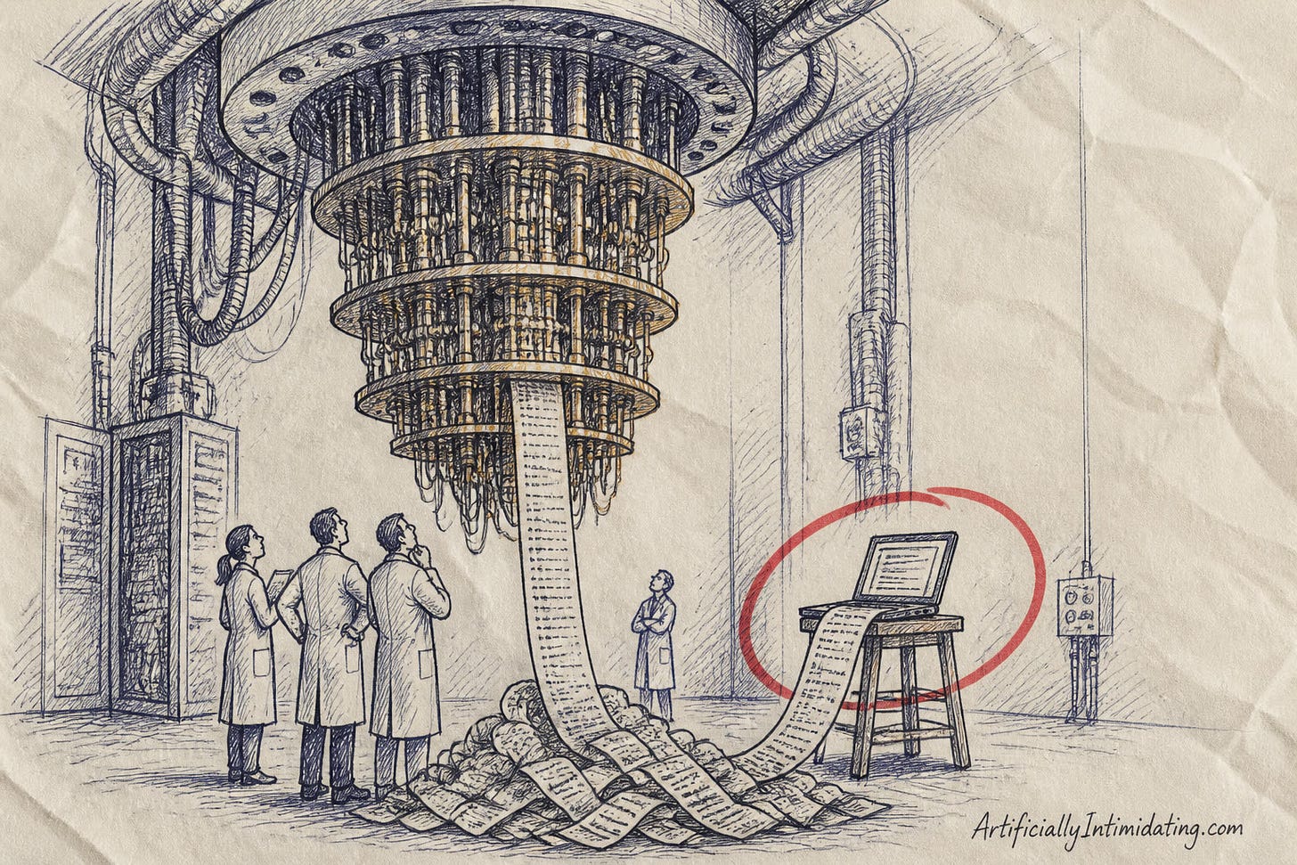Cartoon of a cavernous lab where an enormous gold chandelier-shaped quantum computer and one ordinary open laptop sitting on a wooden stool both spool out identical long paper printouts that land in the same pile on the floor. The laptop is circled in red while four scientists in lab coats stare up at the big machine.