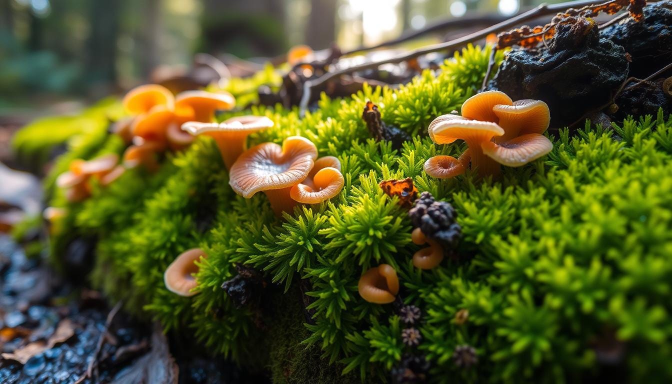A detailed close-up of vibrant green moss intertwined with colorful fungi, showcasing their textures and shapes.