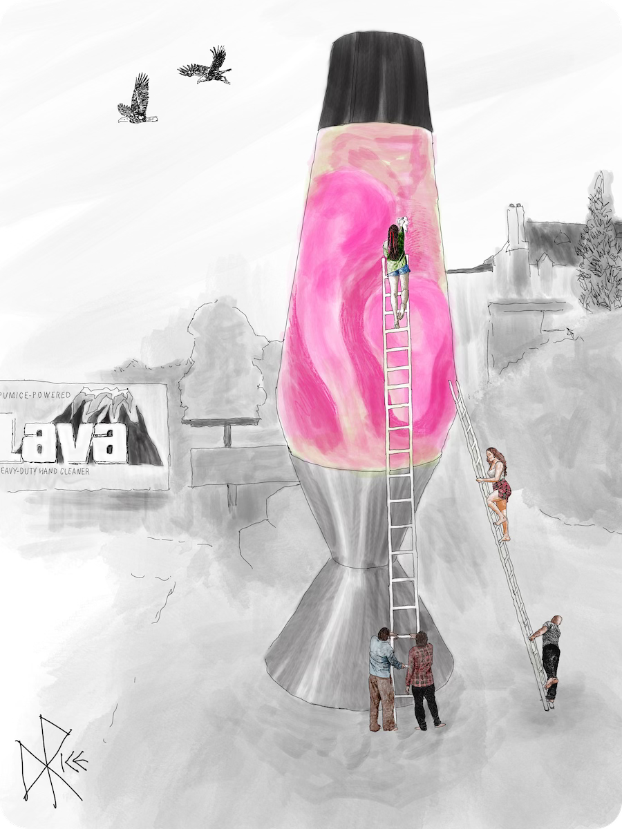 Townsfolk use two rickety looking ladders, propped against the oversized lava lamp in their town square, to polish the glass. They seem to really like lava there, as a background billboard advertises Lava Soap. Sketch art by Don Rice.