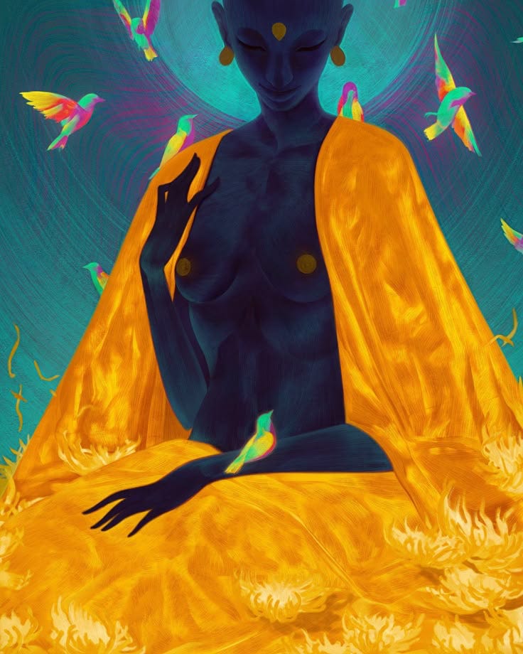 A shadowy nude femme figure sits with a golden robe around its shoulders. The blue full moon frames its head and rainbow colored finches fly all around. A shadowy nude femme figure sits with a golden robe around its shoulders. The blue full moon frames its head and rainbow colored finches fly all around.