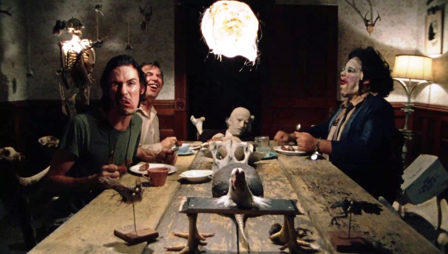 The Leatherface family at dinner in "The Texas Chain Saw Massacre" (1974) 
