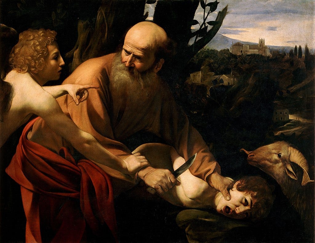 Caravaggio's painting of the Sacrifice of Isaac, four figures depicted on a mountaintop: Abraham holding the knife, Isaac held down by his other hand, an angel restraining Abraham, and a goat standing by. Caravaggio's painting of the Sacrifice of Isaac, four figures depicted on a mountaintop: Abraham holding the knife, Isaac held down by his other hand, an angel restraining Abraham, and a goat standing by.