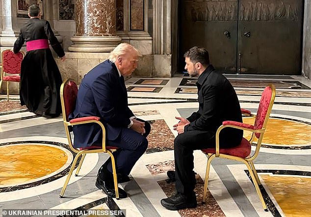 Ukraine's President Volodymyr Zelensky (R) meets with US President Donald Trump (L) at St Peter's Basilica on Saturday
