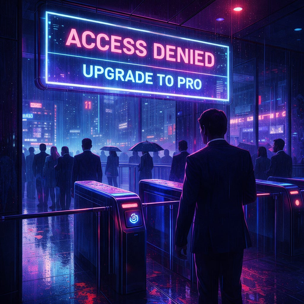 Square cyberpunk scene in a rain-soaked office tower lobby: a line of workers in dark suits waits at glowing turnstiles with a contactless tap icon, while a huge neon hologram overhead reads “ACCESS DENIED — UPGRADE TO PRO,” reflecting across the wet floor and the futuristic city lights beyond the glass.