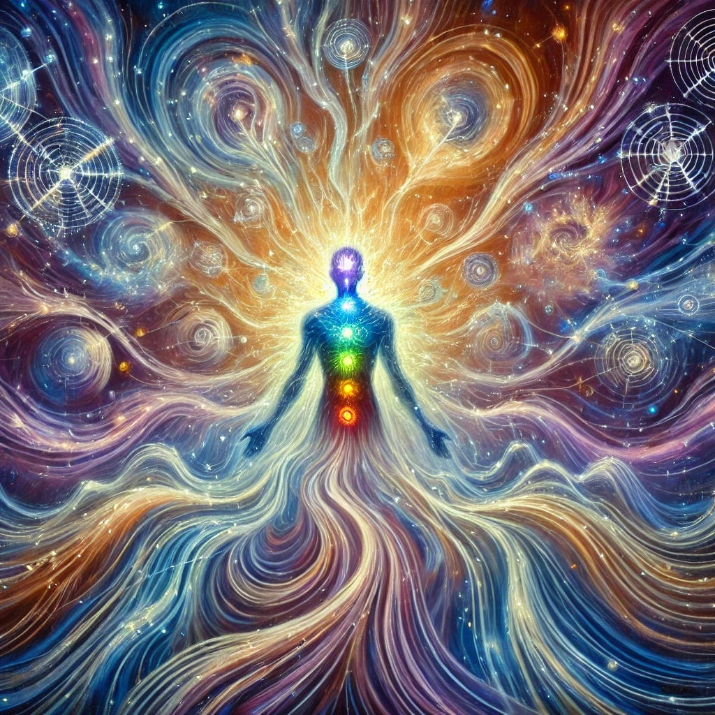 An abstract and impressionist oil painting depicting the concept of the human biofield, radiating in vibrant layers of energy extending around a human figure in soft, flowing patterns. The surrounding space glows with swirling waves of light in blues, purples, and golds, symbolizing vibrational energy, memories, and emotions. Intertwined lines represent sound waves, suggesting healing through resonance. The chakras appear as radiant orbs, connecting the body's physical and emotional aspects. Hints of cosmic and quantum motifs blend subtly into the background, creating a bridge between traditional healing and scientific exploration. The painting's expressive strokes give it a mystical and expansive feel, evoking a sense of self-healing and balance. An abstract and impressionist oil painting depicting the concept of the human biofield, radiating in vibrant layers of energy extending around a human figure in soft, flowing patterns. The surrounding space glows with swirling waves of light in blues, purples, and golds, symbolizing vibrational energy, memories, and emotions. Intertwined lines represent sound waves, suggesting healing through resonance. The chakras appear as radiant orbs, connecting the body's physical and emotional aspects. Hints of cosmic and quantum motifs blend subtly into the background, creating a bridge between traditional healing and scientific exploration. The painting's expressive strokes give it a mystical and expansive feel, evoking a sense of self-healing and balance.