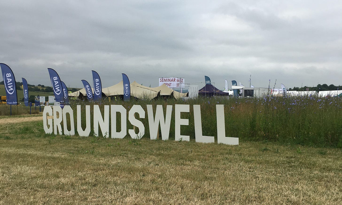 The large white lettering of the Groundswell regenerative agriculture festival stood in front of a cornflower meadow. The large white lettering of the Groundswell regenerative agriculture festival stood in front of a cornflower meadow.