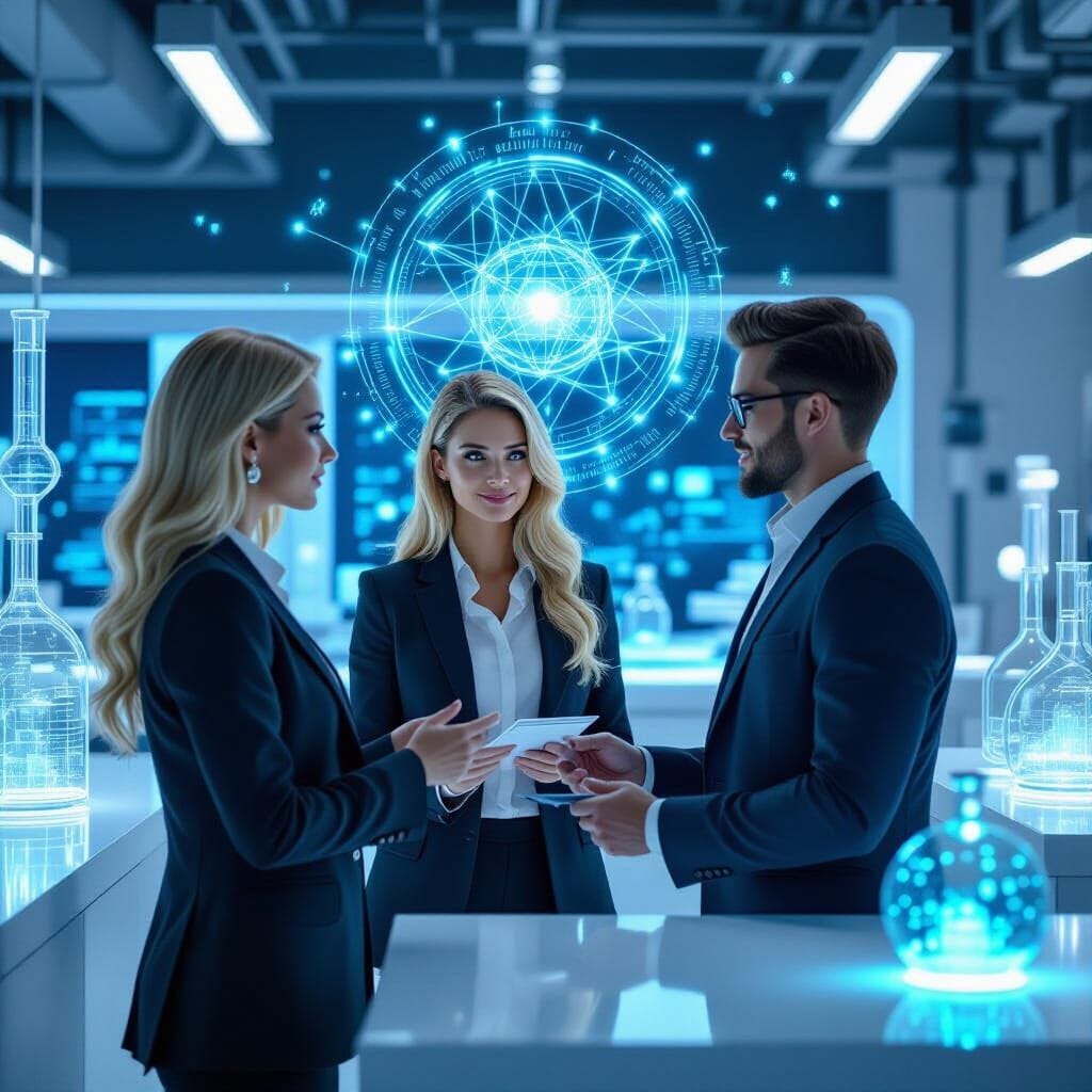 "Quantum visionaries discussing emerging trends with holographic quantum computing evolution timeline, inspiring innovat...